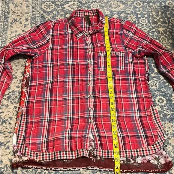 Aratta Silent Journey Red Plaid Floral Design Button-Up Mixed Media Shirt Boho - Picture 8 of 9
